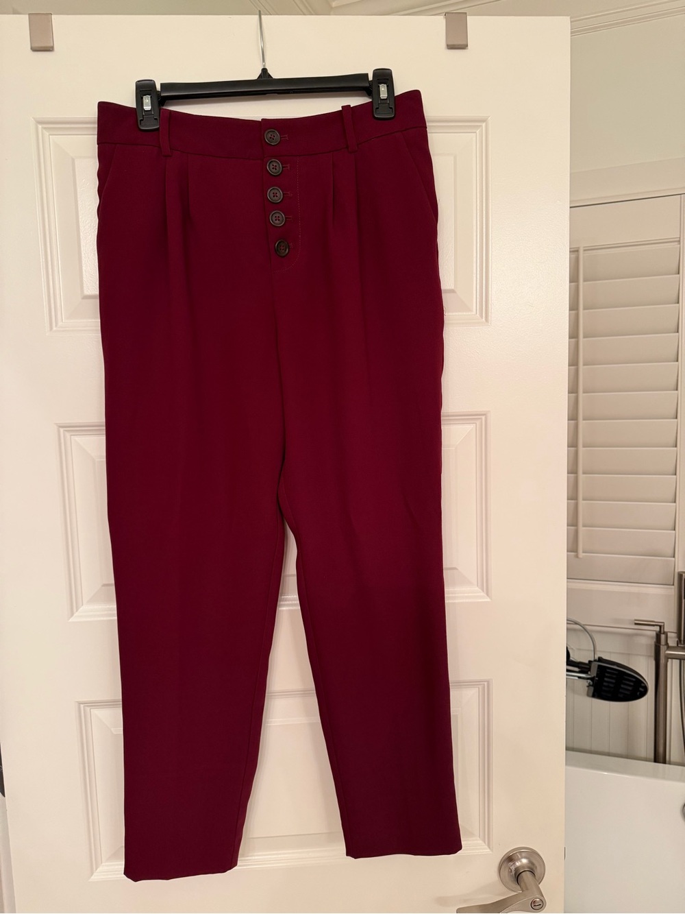 High-Waist Button Front Women's Pants in Burgundy
